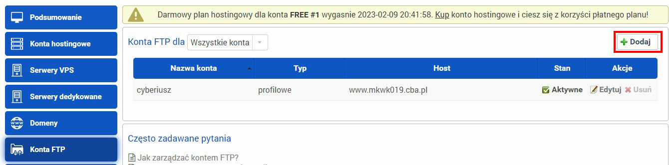 Tworzenie konta FTP na CBA.pl